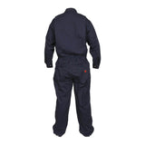 The MCR Safety FR Contractor Coverall Navy CCMN is shown from the back, featuring long sleeves, a collar, an elastic waistband, and full-length pants. Durable flame-resistant fabric meets industrial safety standards. Brand: MCR Safety.