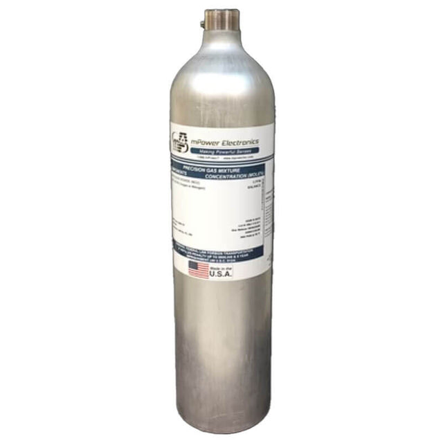 The mPower 4-Gas 58L Calibration Mix M600-0092-000 by mPower Electronics is a silver metal gas cylinder with a label featuring text and a small American flag at the top. It contains an essential calibration mix for accurate measurements and is equipped with a threaded valve at the top, ideal for secure attachment to equipment.