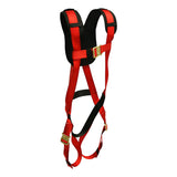 The French Creek Production 601 Series Harness w/P-Pad, Bayonet Chest & Leg 671PR features sturdy red and black adjustable straps and metal buckles for reliable personal fall protection.