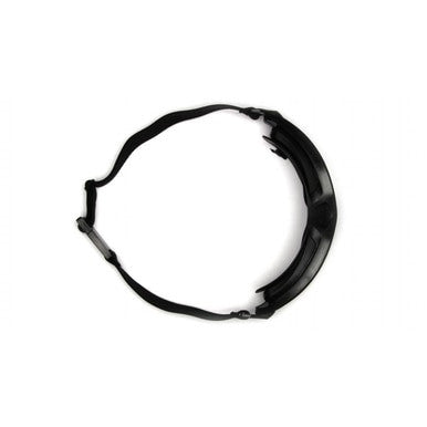 Displayed against a white background are the Pyramex V2G-XP Hot/Cold Resistant Goggles by Pyramex Safety, featuring an adjustable black chin strap with buckles. The strap is designed with curved hooks for secure attachment at the ends, ensuring both safety and comfort while providing ballistic protection compatibility.