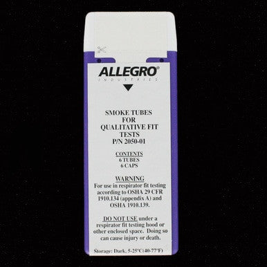 Pictured is a box from Allegro containing Replacement Smoke Tubes for Fit Tests 2050-01, featuring six tubes and six caps. The box includes warnings against using these in a respirator fit-testing chamber, with storage guidelines provided at the bottom.