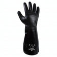 A single Showa Best Neo Grab Premium Glove 6797R-10 in black neoprene stands upright with white safety symbols and text near the cuff, displayed on a plain white background. Manufactured by Showa Best, this chemical-resistant glove offers acid protection and abrasion resistance, ensuring reliable safety in demanding environments.