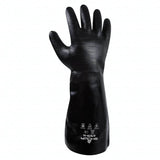 A single Showa Best Neo Grab Premium Glove 6797R-10 in black neoprene stands upright with white safety symbols and text near the cuff, displayed on a plain white background. Manufactured by Showa Best, this chemical-resistant glove offers acid protection and abrasion resistance, ensuring reliable safety in demanding environments.