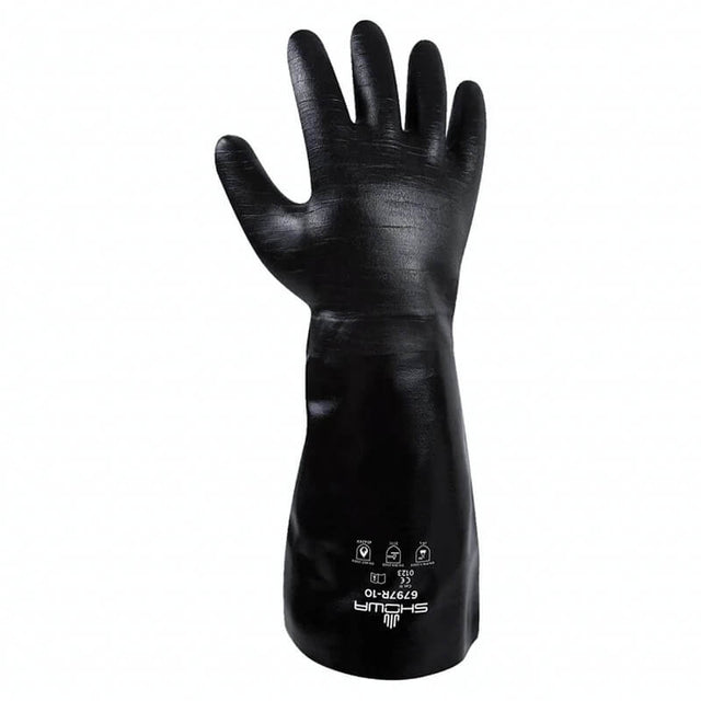 A single Showa Best Neo Grab Premium Glove 6797R-10 in black neoprene stands upright with white safety symbols and text near the cuff, displayed on a plain white background. Manufactured by Showa Best, this chemical-resistant glove offers acid protection and abrasion resistance, ensuring reliable safety in demanding environments.