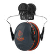 The PIP Sonis Compact Full Brim Mounted Passive Ear Muff 262-AEB030-FB, by Protective Industrial Products, consists of a dark outer shell with orange accents. It includes adjustable metal bands and full brim mounted ear cups specifically designed for noise reduction, offering an NRR of 24. The JSP logo is prominently displayed on the headband attachment.