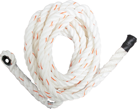 A French Creek Polyblend Synthetic Rope Lifeline 121-1T-25 from French Creek Production, featuring white coiled rope with red accents and black plastic end caps on each side, is laid on a flat surface.