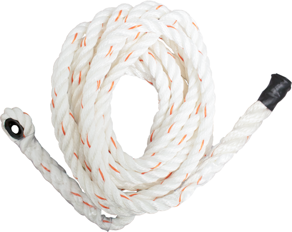 A French Creek Polyblend Synthetic Rope Lifeline 121-1T-25 from French Creek Production, featuring white coiled rope with red accents and black plastic end caps on each side, is laid on a flat surface.