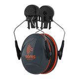 A pair of PIP Sonis Compact Cap Mounted Passive Ear Muffs, specifically the 262-AEB030-CM model from Protective Industrial Products, designed for hearing protection. They feature black and orange padding with an NRR 25 rating and include adjustable metal bands along with clips for helmet attachment.