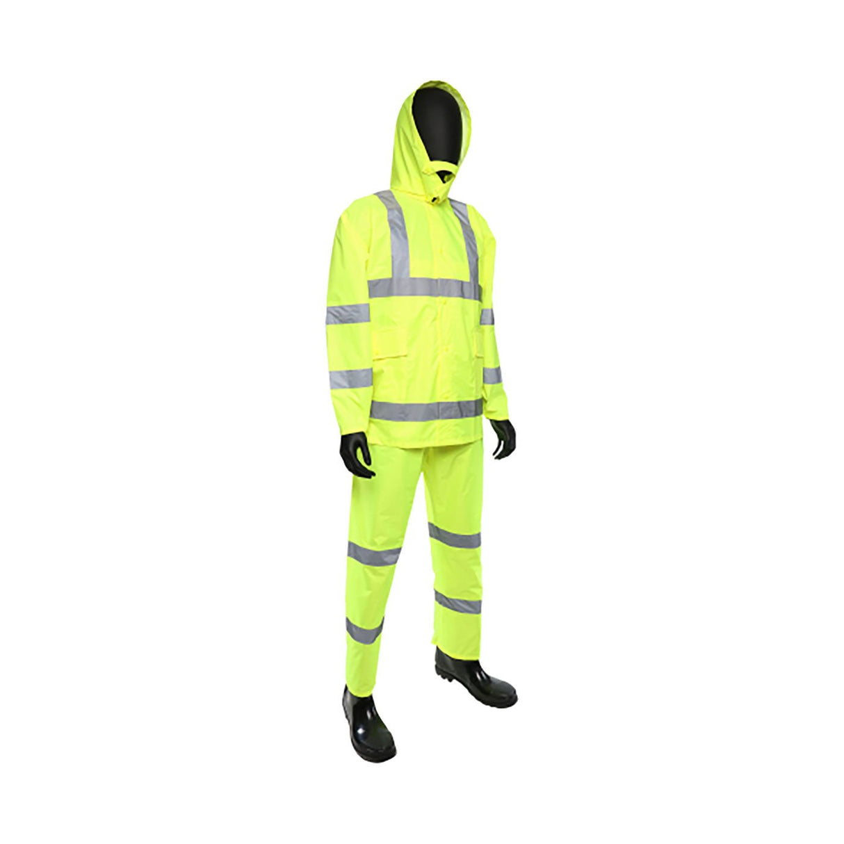 Displayed against a plain white background, a faceless mannequin presents the PIP Viz ANSI Type R Class 3 Three-Piece Rainsuit 4033 by Protective Industrial Products. This ensemble includes a high visibility, fluorescent yellow waterproof jacket and pants with reflective gray stripes, topped off with black boots.