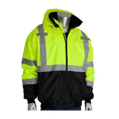 The PIP Waterproof Reflective Value Bomber Jacket 333-1766 by Protective Industrial Products boasts ANSI Class 3 high-visibility in neon yellow and black, with reflective gray stripes, a front zipper, and a hood. Displayed on a metallic mannequin, this bomber jacket ensures safety with style.