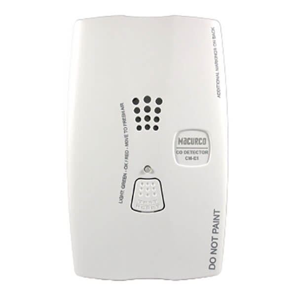 The Macurco CO Residential Gas Detector Security Series CM-E1, certified for safety as UL Listed, boasts a stylish white casing complete with a speaker grille and LED indicator lights. The brand "Macurco" is clearly visible, accompanied by the warning: "DO NOT PAINT.