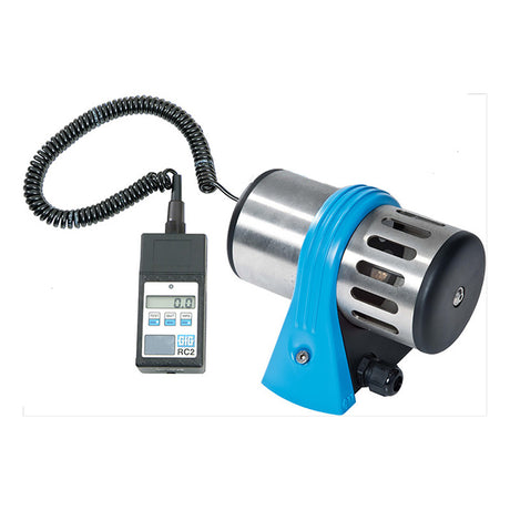 The GfG RC2 Wired Remote Control Interface 2800201 is a handheld anemometer equipped with a cylindrical metal sensor and connected to a rectangular digital display unit through a coiled black cable. Designed specifically for hazardous locations, this device includes a blue protective cover with perforations on the sensor for precise air flow measurement.