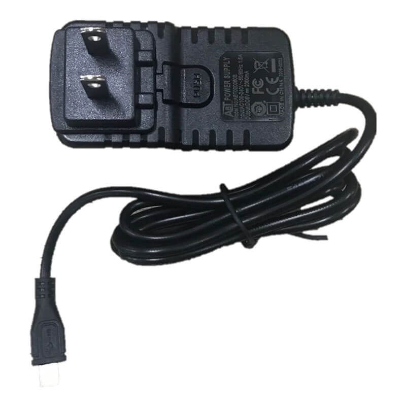 Image of an mPower Electronics mPower POLI MP400/NEO MP18X US Charging adaptor M004-3050-000, featuring a black design with a two-prong plug and an extended cable. The adaptor's label showcases various specifications and certifications. The cable terminates with a small plug ideal for electronic devices.