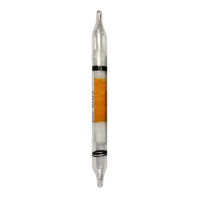 The mPower NEO MP186 Benzene Filtering Tubes, created by mPower Electronics, consist of a glass gas detection tube filled with an orange and white granular material for accurate gas measurement. The design includes elongated tubes with narrow necks at each end to ensure efficient sampling.