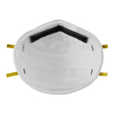 The 3M 8110S N95 Particulate Respirator, designed for smaller faces, features yellow elastic straps and a black foam strip inside for protective use. It is certified by NIOSH and comes in a box of 20.