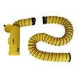 The Euramco RamFan UB20 Canister with a 25FT Duct ED7004CL is a yellow portable ventilation fan that includes a long, flexible duct coiled in an S-shape. The setup features black reinforced edges, making it ideal for robust ventilation needs and perfect for directing airflow or extracting hazardous gases in various environments.