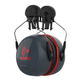 Dark gray and red PIP Sonis 3 Cap Mounted Passive Ear Muffs, featuring black metal connectors and adorned with the branded "Sonis" logo from Protective Industrial Products (PIP). These earmuffs are designed to seamlessly attach to safety helmets for noise-canceling protection.