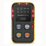 The BW Honeywell Honeywell BW Icon 4-Gas Detector (model ICON-Y-S) is a stylish black and yellow device, equipped with LED indicators and buttons for detecting LEL, O2, H2S, and SO2 gases, making it an essential tool for multi-gas monitoring.