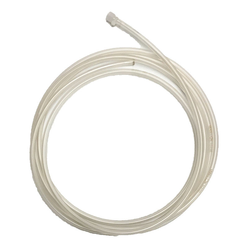 The mPower NEO MP18X 20-ft PTFE Extension Tubing M011-3014-000 by mPower Electronics, featuring a conical end fitting and crafted from smooth polytetrafluoroethylene, is elegantly coiled in a circular pattern against a white background.