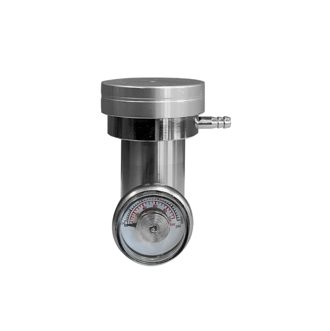 The Intermountain Specialty Gases Demand Flow Regulator, made from nickel-plated brass, has a cylindrical body and a round dial face that displays measurements in psi. It includes a small nozzle on the side and is elegantly presented against a sleek black background.