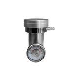 The Intermountain Specialty Gases Demand Flow Regulator, made from nickel-plated brass, has a cylindrical body and a round dial face that displays measurements in psi. It includes a small nozzle on the side and is elegantly presented against a sleek black background.