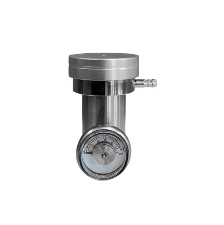 The Intermountain Specialty Gases Demand Flow Regulator, made from nickel-plated brass, has a cylindrical body and a round dial face that displays measurements in psi. It includes a small nozzle on the side and is elegantly presented against a sleek black background.