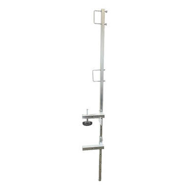 The French Creek Portable Guardrail System GR200 by French Creek Production is a metal structure featuring adjustable brackets and a clamped base, making it perfect for parapet installations. With its silver finish and multiple handles for precise adjustments, this system is ideal for securely mounting equipment in various fall prevention applications.