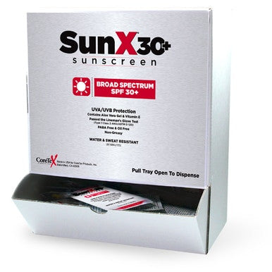 A silver dispenser labeled "Coretex SunX SPF30 sunscreen" is adorned with a striking red sticker highlighting its broad spectrum SPF30 sun protection. The open bottom tray displays convenient sunscreen pouches that offer water and sweat resistance, UVA/UVB defense, along with aloe vera and vitamin E for optimal care.