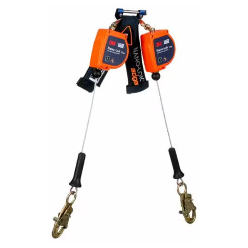 Two 3M DBI-SALA Nano-Lok Edge Twin-Leg SRLs in orange, featuring black and gray labels, are joined by a metal bracket. Each device is equipped with a cable and steel snap hook at the end, crafted under the trusted 3M DBI-SALA Fall Protection brand for integration into safety harness systems.