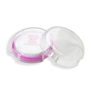 The Moldex Filter Disk Cover 7999 - 1 Pair is displayed open, featuring a transparent round container with a pink base and its lid. Ideal for neatly organizing and storing small items such as filters or dust masks, this design ensures easy accessibility.