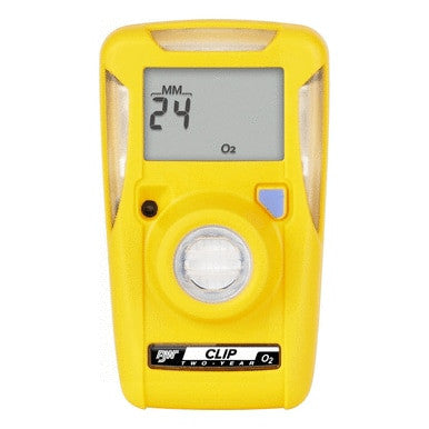 The BW Honeywell BW Clip 2 Year O2 Single Gas Detector (BWC2-X) in yellow features a digital display showing "24 MM" and "O2." It is equipped with a central sensor and includes a bottom label reading "CLIP TWO-YEAR O2," ensuring reliable oxygen monitoring.