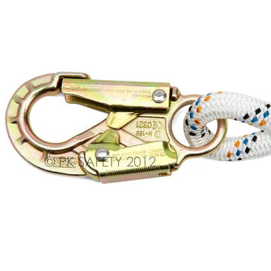 A white rope with orange and black speckles includes a gold-colored safety snap hook featuring a locking mechanism, from the Skylotec Ergogrip Positioning Lanyard L-0499-1.8 series. Its ergonomic hand-shaped grip adjuster ensures effortless use, making it ideal for positioning lanyards.