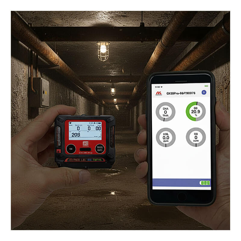A person uses the RKI Instruments GX-3R Pro Gas Confined Space Monitor with Wireless Communication in one hand and checks gas readings on a smartphone, standing in a dim industrial tunnel with exposed pipes and ceiling lights.