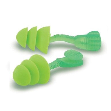 Displayed side by side are two Moldex Glide Triple Flange Reusable Ear Plugs 6445, which are green and designed for optimal hearing protection. These essential safety items feature a conical, layered design with a stem for easy insertion and removal.