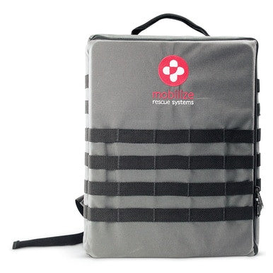 The ZOLL Mobilize Mobile Rescue System 8911-002000-01 is a gray bag with black horizontal straps and a zipper. It features the "mobilize rescue systems" logo, which includes a red circle with a white cross-like symbol, and has a black handle on top. It's ideal for emergency response or carrying essential medical supplies.