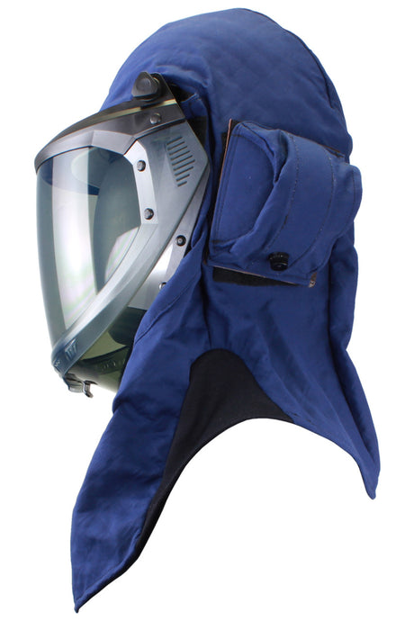 The NSA 40 Cal ArcGuard Performance Lift Front Hood w/Fans ARC40H1 is a blue protective helmet that includes a PureView faceshield and side padding, making it perfect for safety in industrial or hazardous environments. This helmet features a metallic frame with a fabric covering that incorporates GORE PYRAD technology, along with a flap that extends down the back.