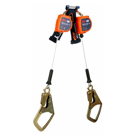 Image of the 3M DBI-SALA Nano-Lok Edge Twin-Leg SRL, Steel Rebar 3500281, showcasing two orange retractable units with labels attached to a black and blue harness. Ideal for leading edge applications, these units feature metal hooks connected by cables and are specifically designed for fall protection in safety gear setups under the 3M DBI-SALA Fall Protection brand.