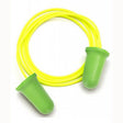 Displayed on a white background in a circular arrangement, these green, corded earplugs are linked by a bright yellow cord. Known as the Pyramex Disposable Corded Bell Shaped Earplugs DP1201 100/Box by Pyramex Safety, they come with an outstanding NRR 30dB rating, delivering excellent noise reduction and comfort.