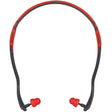 The PIP Banded Ear Plugs - NRR 24 267-HPB410 are red and black and come with a flexible neckband, designed by Protective Industrial Products for noise protection in loud environments, ensuring a comfortable fit.