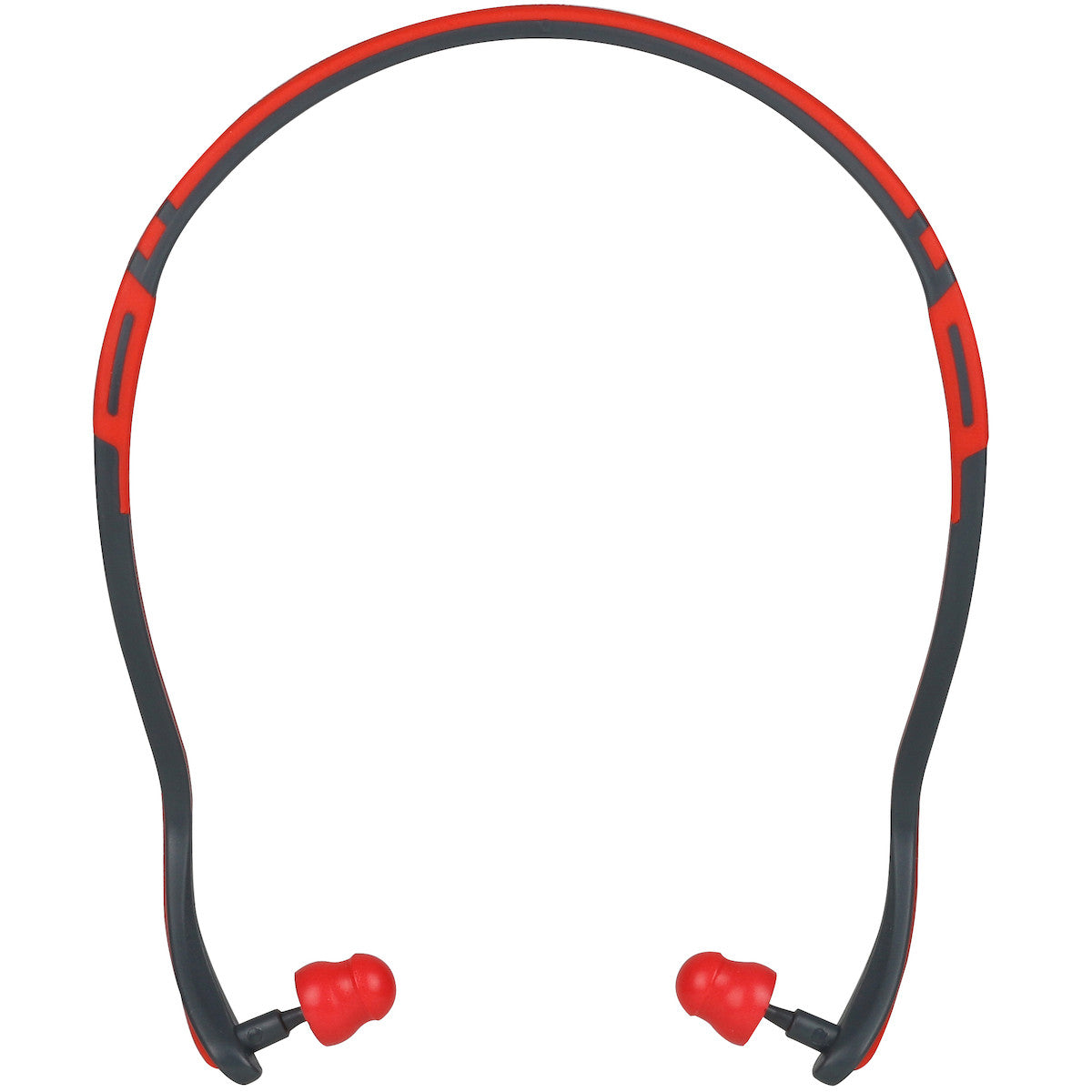 The PIP Banded Ear Plugs - NRR 24 267-HPB410 are red and black and come with a flexible neckband, designed by Protective Industrial Products for noise protection in loud environments, ensuring a comfortable fit.