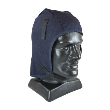 A mannequin head displays the PIP - Protective Industrial Products 2-Layer Cotton Twill / Fleece Winter Liner with FR Shell 363-1RL2B, a dark blue protective helmet featuring ear flaps, an adjustable chin strap, and flame-resistant enhancements, all situated on a black stand.