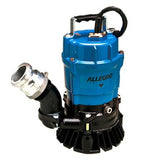 The Allegro Sludge Dewatering Pump 9404-04 by Allegro showcases a striking blue design with a black base and chrome outlet pipe, engineered for high volume discharge. Its portable design is complemented by a sturdy handle on top, ensuring easy transport.