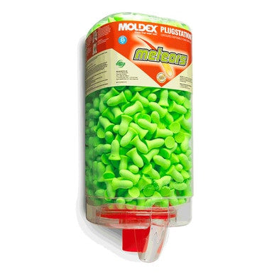 The Moldex Meteors Ear PlugStation Dispenser 6875, which is wall-mounted and comes in a case of four, contains bright green earplugs that provide excellent hearing protection. It features a red handle for easy dispensing and offers an impressive NRR 33 rating.