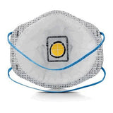 The 3M 8576 P95 Nuisance Odor Relief Particulate Respirator, featuring a yellow valve in the center and blue straps, provides outstanding respiratory protection. Equipped with 3M Cool Flow technology, this white mask ensures both comfort and efficiency. It is displayed against a clean white background, ready for safe use.