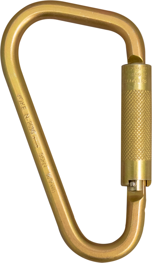 A gold-colored carabiner featuring a twist-lock mechanism, the French Creek Steel Twist-Lock Scaffold Hook 65 from French Creek Production is ideal for fall protection. It includes engraved text on its body and ensures secure connections in climbing or industrial applications, just like the steel twist-lock scaffold hooks.