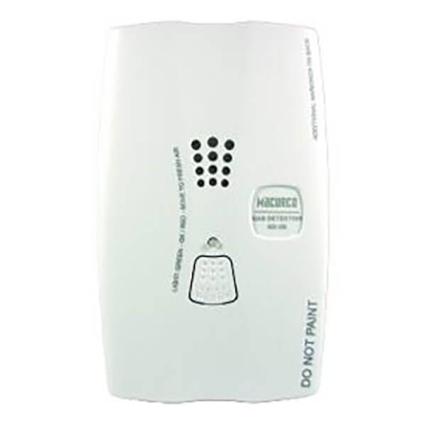 The Macurco Residential Combustible Gas Detector GD-2B is a white plug-in device equipped with LED indicators and multiple ventilation holes, making it ideal for residential use. It features text warnings and the model number prominently displayed on the front for easy identification.