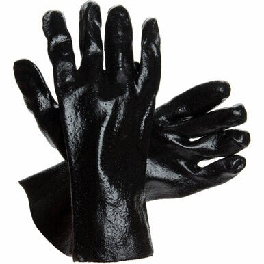 A pair of MCR Memphis 6212R Single Dipped PVC Gloves from MCR Safety, characterized by their black, glossy texture and textured finish, is stacked against a white background. These gloves display a slightly wrinkled appearance, indicating they are heavy-duty and designed for chemical protection.