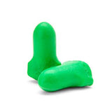 A pair of low-pressure Howard Leight Max-Lite LPF1 disposable earplugs, featuring a bright green color and optimal for NRR-30 noise reduction, are displayed on a white background—one standing upright and the other resting on its side.