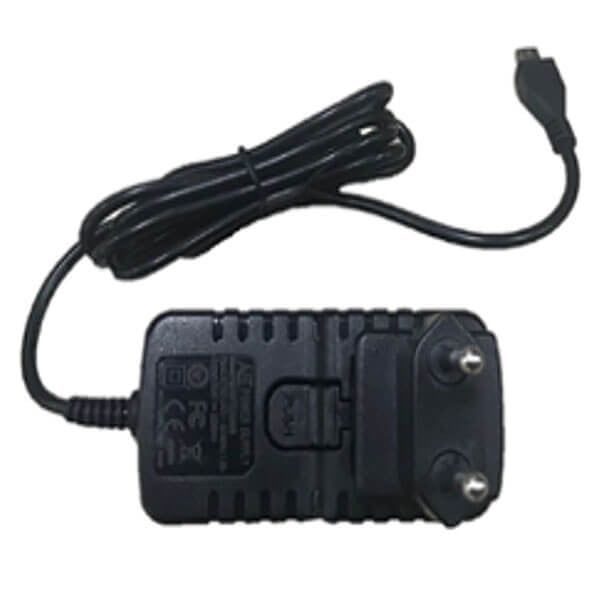 The mPower POLI MP400/NEO MP18X EU Charging Adaptor M004-3051-000, from mPower Electronics, is a black adaptor with a European plug that includes a long MicroUSB cable for convenient use. It features various certification logos and specifications to ensure safe and efficient power delivery.