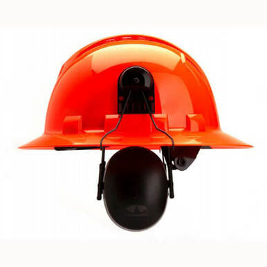 A Pyramex Safety CMFB6010 hard hat mounted earmuffs, featuring an orange safety helmet with black earmuffs for optimal hearing protection, is displayed front-on.